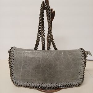 Gray Leather-Effect Chain-Trim Shoulder Bag